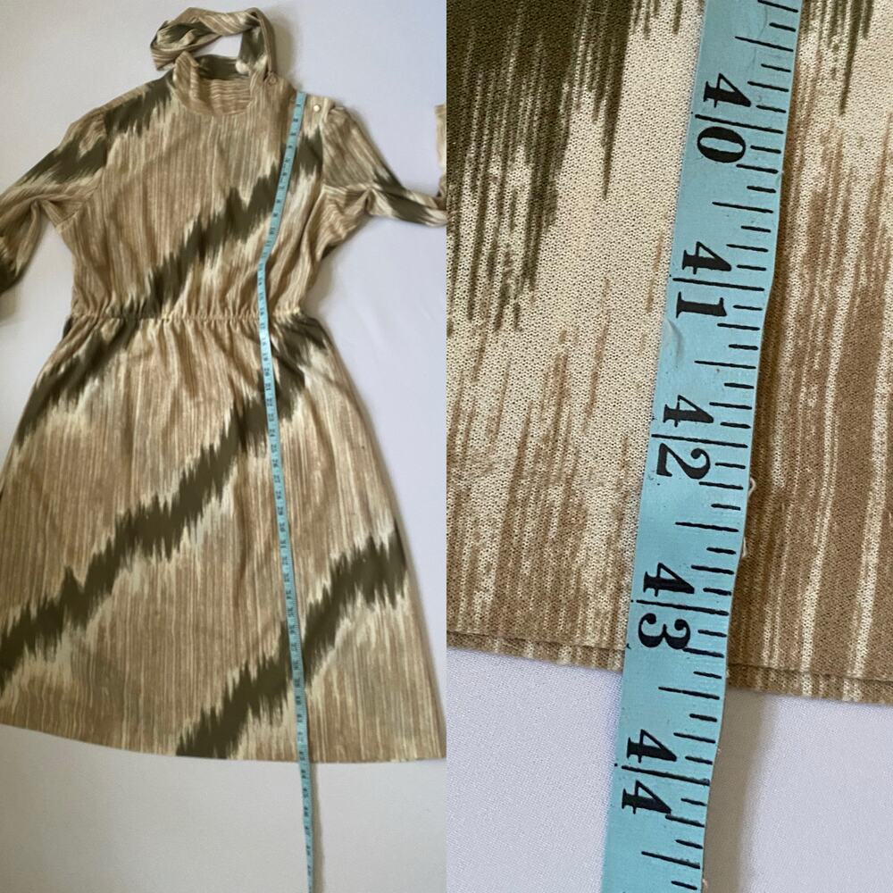 Vintage 70s Abstract Midi Dress High Neck Side Bow Olive Taupe M - Picture 13 of 17
